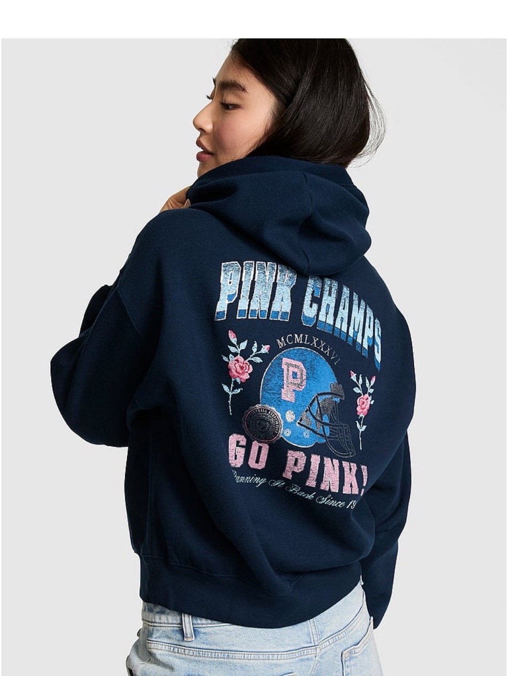New Small Dark Blue VS PINK Jacket Full Zip Hoodie Pink Champs Go Pink! Cotton